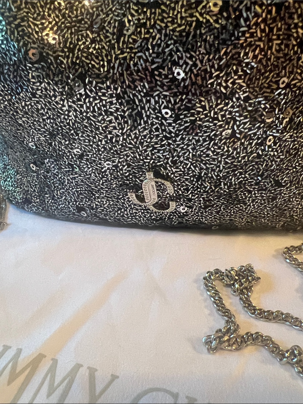 Jimmy Choo Silver/Graphite Sequin Drawstring Mini Bucket Bag - Picture 3 of 13